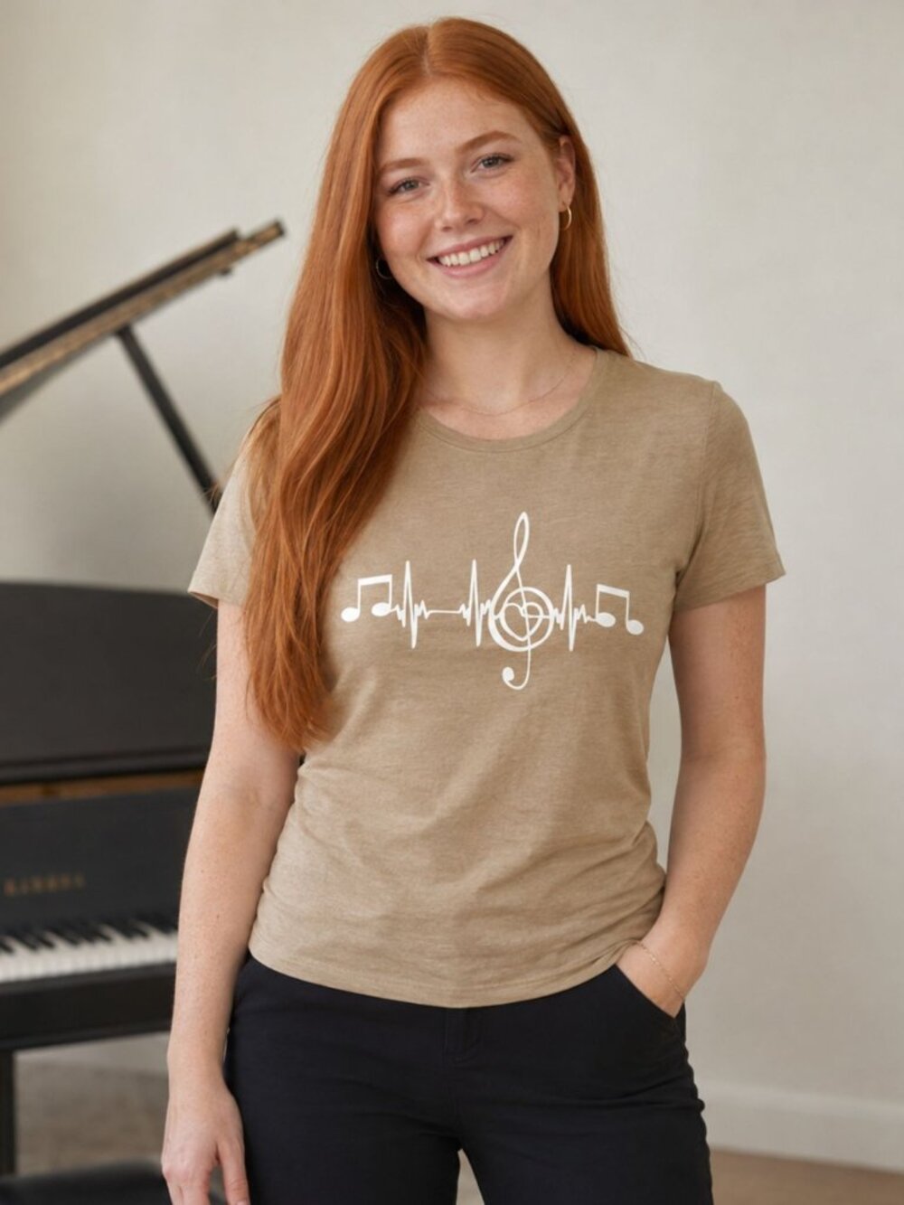 Music Heartbeat Tee Womens S Tan Treble Clef Notes Musician Graphic Shirt